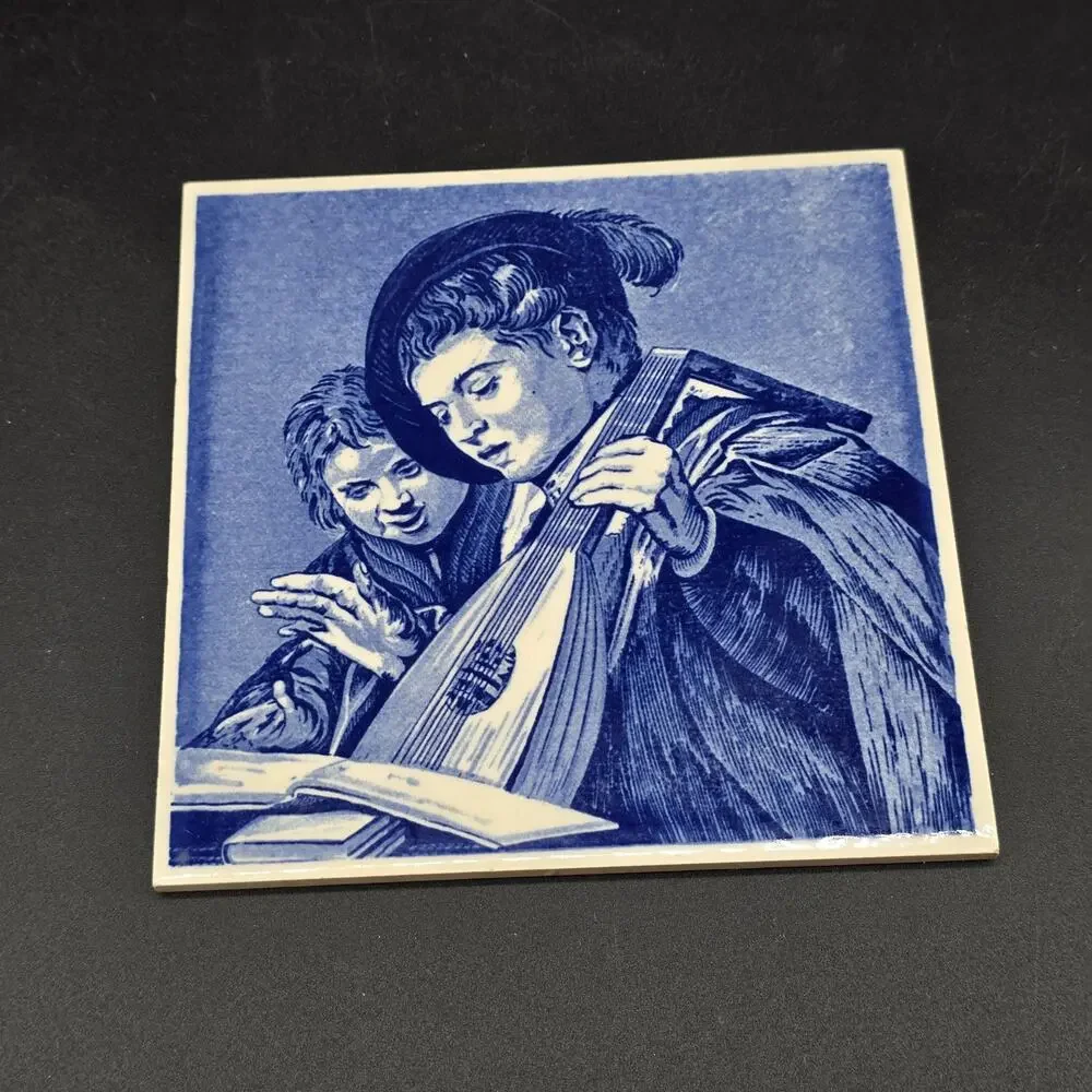 Vintage B. Delft Handmade Holland Tile Frans Hals Singing Lads Blue White Art